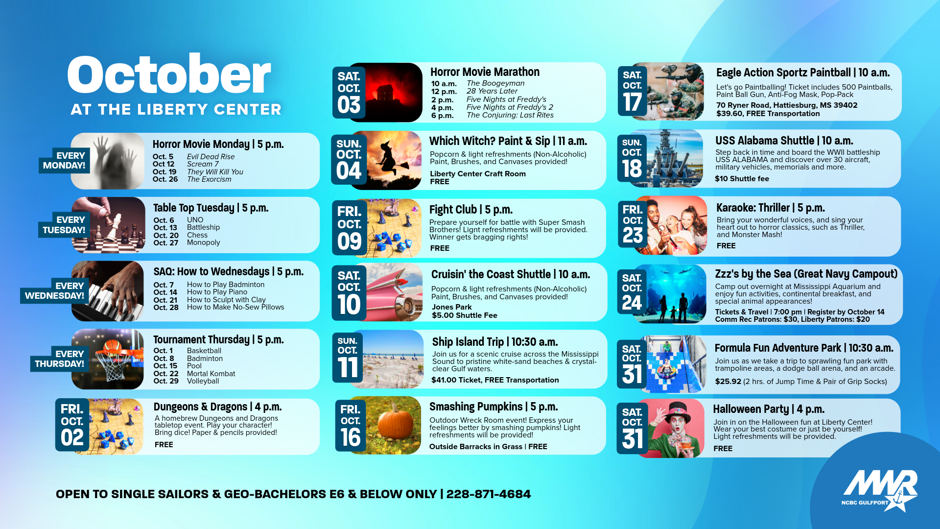 Ad with the schedule of October events for Liberty at NCBC Gulfport.
